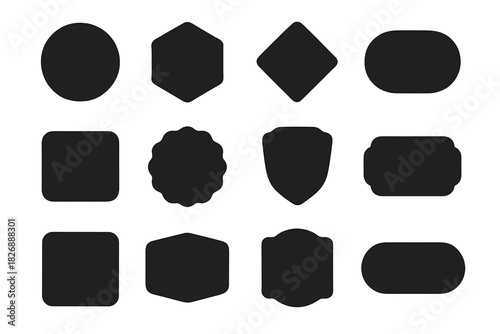 Twelve blank black shapes and silhouettes suitable for badges, stickers, and labels