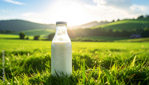 Fototapeta Naklejka Na Ścianę i Meble -  Glass bottle of fresh milk in a green grassy field at sunrise with rolling hills dairy