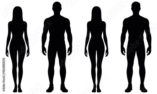 collection of male and female full body standing silhouettes showing simple human poses, perfect for anatomy reference, fitness themes, posters, and modern design projects