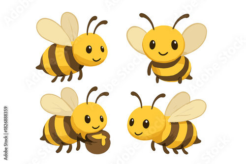 Adorable set of four cartoon honey bees flying and smiling in different playful poses