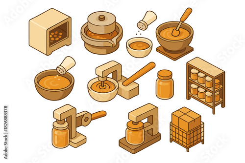 Isometric set of food processing equipment and packaging for spices, sauces, or condiments