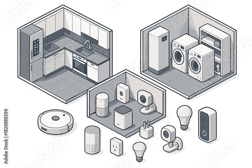Smart home technology and modern household appliances collection in isometric view