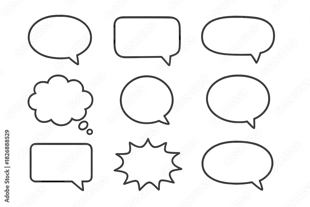 Fototapeta premium Nine different outline communication bubbles including speech, thought, and comic burst shapes