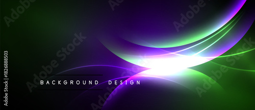 Abstract background features vibrant curves, gradients. Purple, green hues dominate design with bright central glow. Modern, dynamic composition.