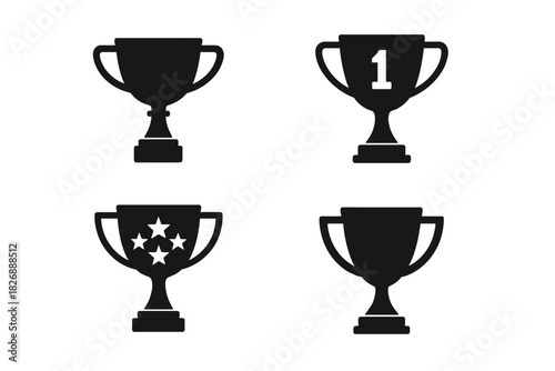Black silhouette trophy cup icons symbolizing first place and star rating symbols