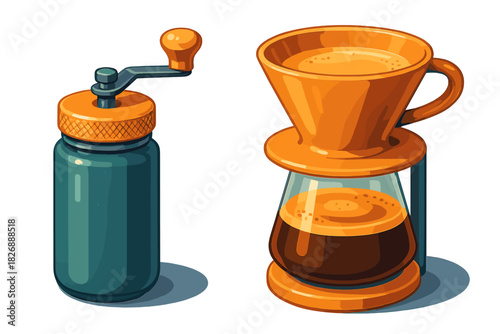 Isometric view of coffee accessories featuring a manual grinder and a pour-over dripper