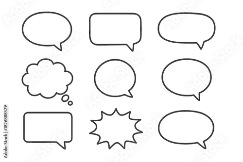 Nine different outline communication bubbles including speech, thought, and comic burst shapes