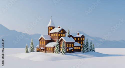 Cozy winter village scene with illuminated wooden houses and snow-covered roofs, nestled among pine trees on a snowy landscape with distant mountains.