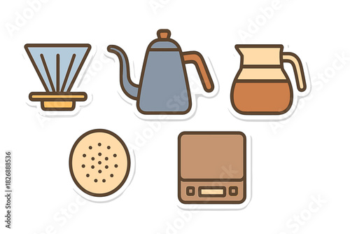 Essential tools for manual coffee brewing including kettle, dripper, server, and scale