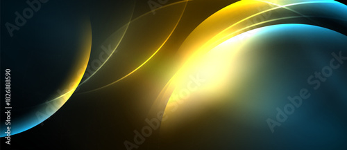 Abstract flowing lines, vibrant colors, dark background. Golden glow contrasts cool blues, creating dynamic visual effect.