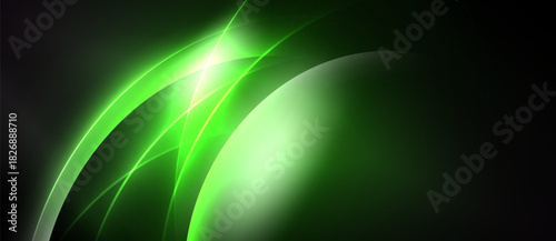 Abstract green lines, curves, light flares create dynamic visual effect. Dark background emphasizes bright shapes, gradients.