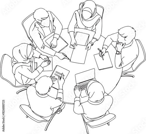 Top view of six Muslim business people having a round table meeting. Teamwork, documents. line art 
