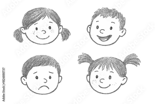 Four hand-drawn children's faces depicting various emotions like joy, sadness, and contentment