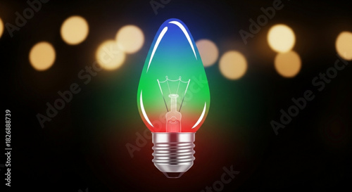 Vibrant, glowing festive light bulb illuminating with a rich red, green, and blue gradient, set against a soft, shimmering bokeh background of warm, blurred lights.