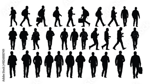 People silhouettes walking and running isolated on white background, Vector