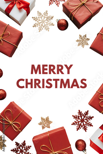Merry christmas greeting with festive gifts and ornaments on a plain background isolated on transparent background