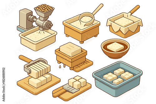 Complete production process of fresh tofu, from raw soybeans to finished food blocks