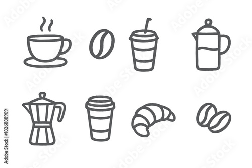 Minimalist outline icons set of coffee beverages, brewing tools, and a delicious croissant