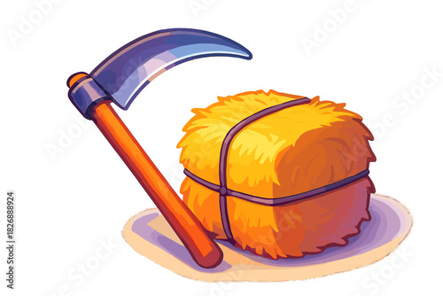 Traditional farming tools scythe and round hay bale tied with rope on white background