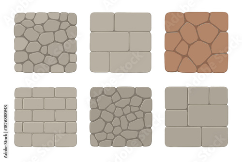 Seamless square patterns of six different paving materials including cobblestone and rectangular bricks