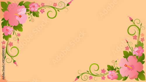 Pink hibiscus flowers and green swirls on a peach background