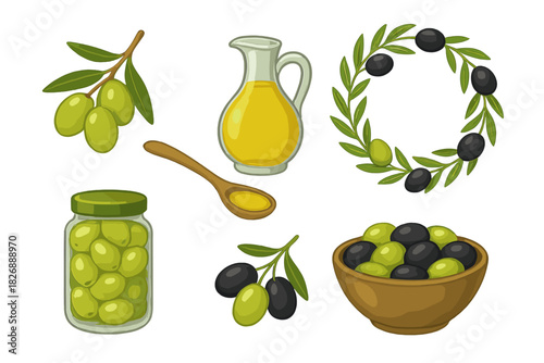 Set of olive products including oil pitcher, branches, pickled olives, and decorative wreath