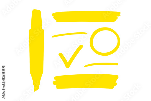 Yellow highlighter pen with various hand-drawn marks including checkmark, circle, and underline strokes