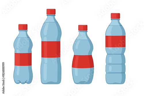 Collection of various plastic water bottles with red screw caps and blank labels for branding