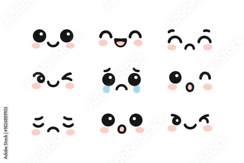 Set of cute kawaii facial expressions showing various emotions and moods