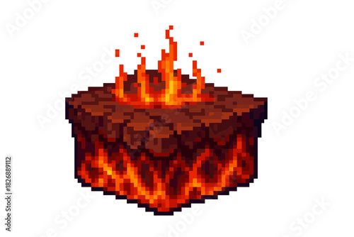 Pixelated isometric block of hot lava and fire erupting from the ground surface