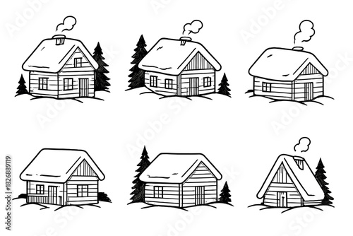 Six hand-drawn style log cabins covered in snow with pine trees and smoking chimneys