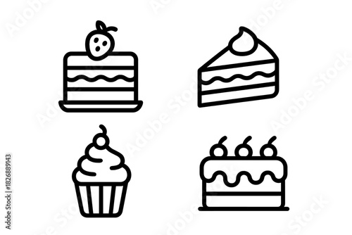 Minimalist black and white icons featuring various sweet desserts and baked goods