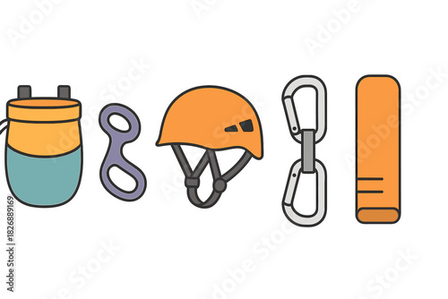 Essential safety equipment collection for rock climbing and mountaineering including helmet and carabiners