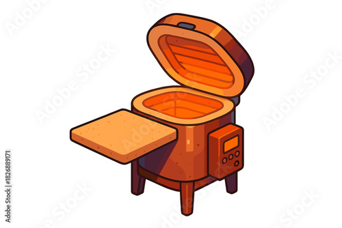 Stylized isometric outdoor smoker or deep fryer appliance with open lid