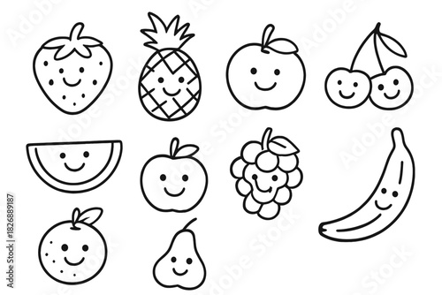 Adorable happy fruit characters in simple black and white outline for children's projects