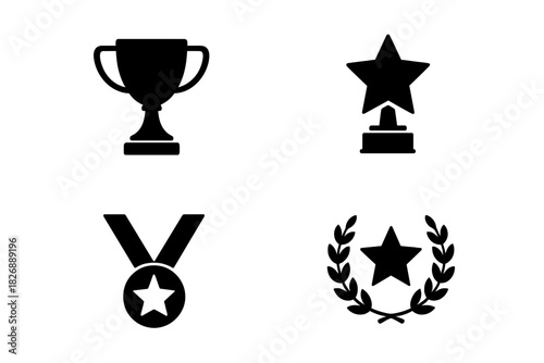 Black silhouette icons of trophy cup star award medal and laurel wreath symbols