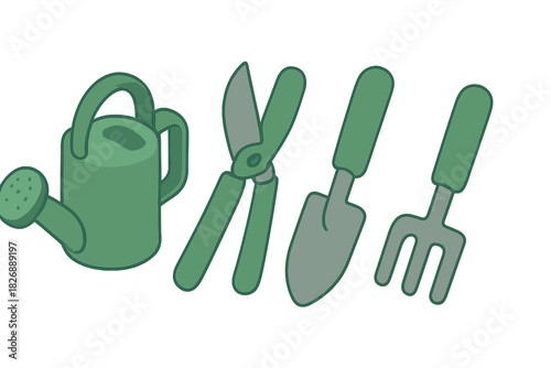 Set of essential gardening tools including watering can, pruning shears, hand trowel, and fork