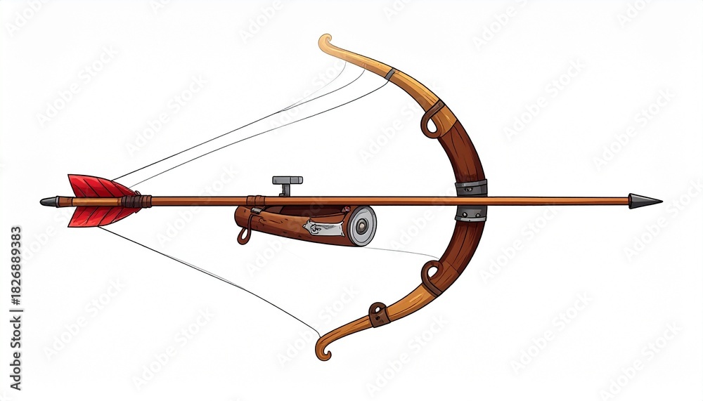 Fototapeta premium Hybrid Bow and Flintlock Rifle Concept with Wooden Stock and Mounted Arrow in Fantasy Style
