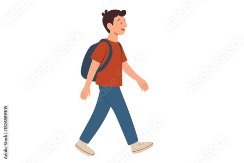 Smiling young boy walking forward carrying a blue backpack ready for school or daily commute