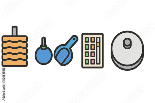 Set of cleaning supplies and beauty tools including sponge, scoop, palette, and compact