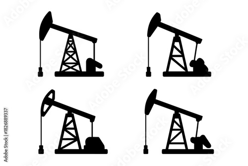 Black silhouettes of oil pump jacks used for crude oil extraction and energy production