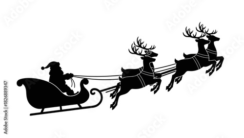 Santa Claus driving his sleigh pulled by reindeer on a Christmas Eve journey