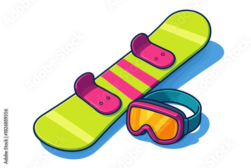 Colorful snowboard equipment bindings and protective goggles for winter sport