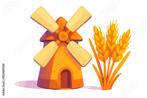 Rustic agricultural windmill and ripe golden wheat ears symbolizing farming and harvest season