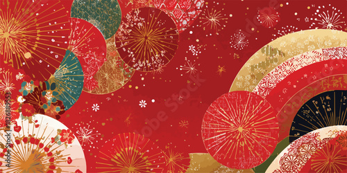 Wektorowa, bogata, czerwono-złota ilustracja w stylu japońskim z motywami wachlarzy i fajerwerków.