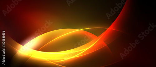 Abstract design features flowing orange, yellow curves against dark background. Bright light emanates from central point. Smooth gradients create dynamic visual effect.
