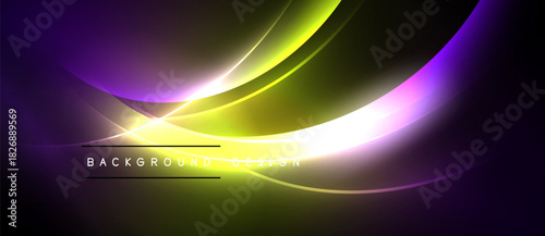 Abstract neon waves, vibrant colors blend. Dark background emphasizes glowing curves, modern design element. Text reads background design.