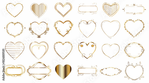 Złote ramki i kontury w kształcie serca, eleganckie wektorowe obramowania do dekoracji walentynkowej lub ślubnej.
