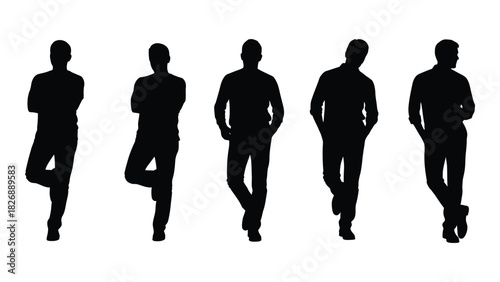 Five male silhouettes in standing poses isolated on white background, Vector