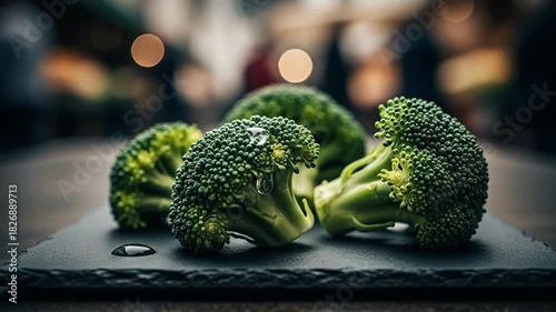 Close-up of Fresh Broccoli Florets on Dark Surface